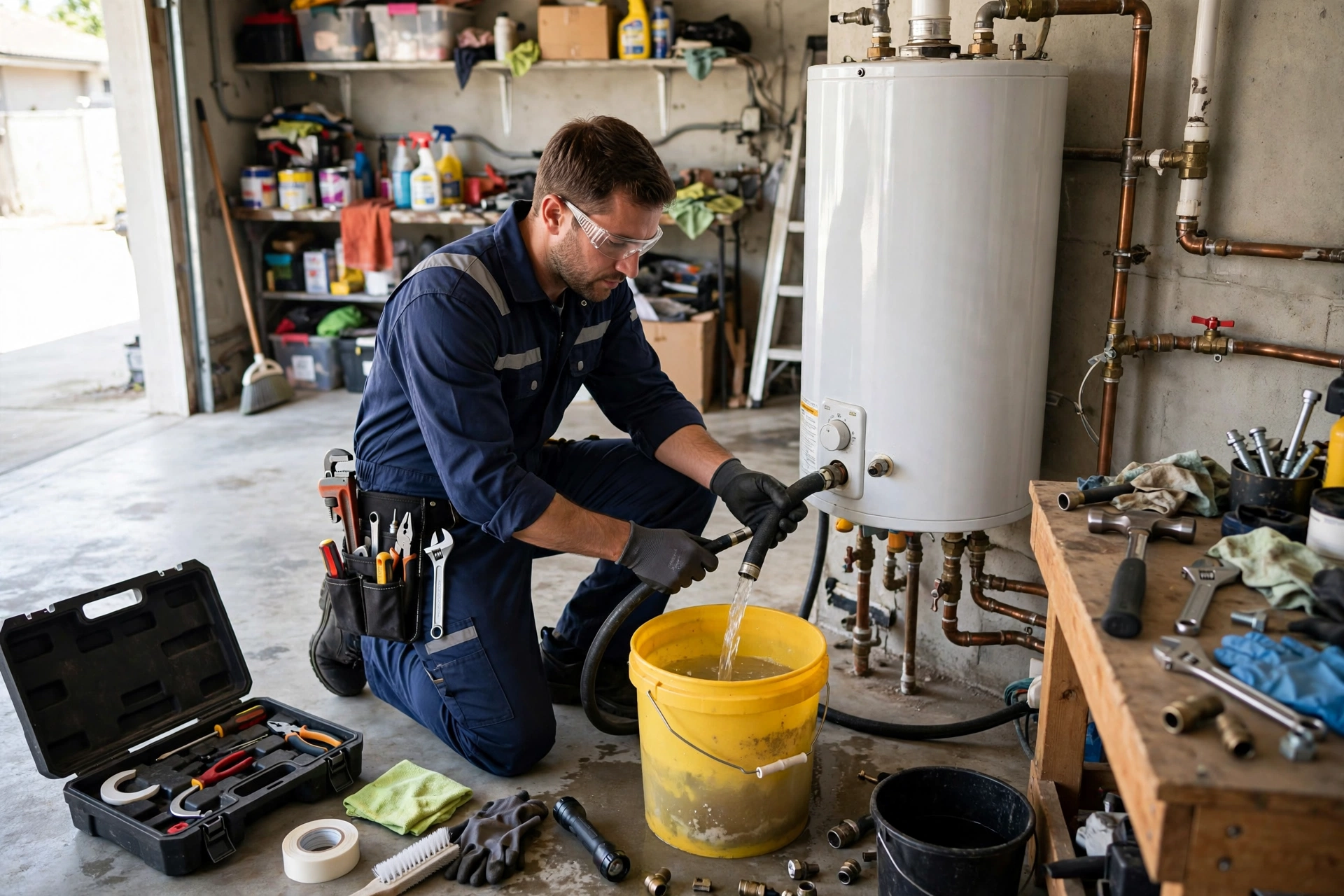 Technician replacing a water heater anode rod