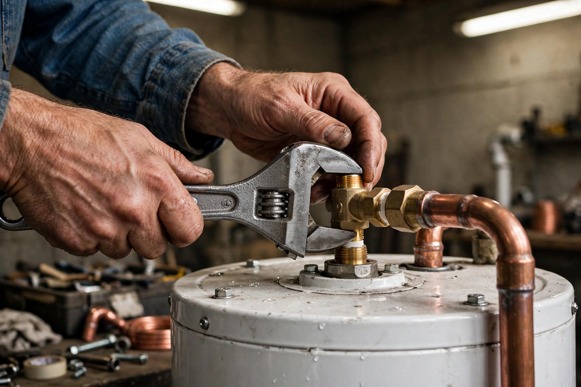 Technician replacing a water heater drain valve