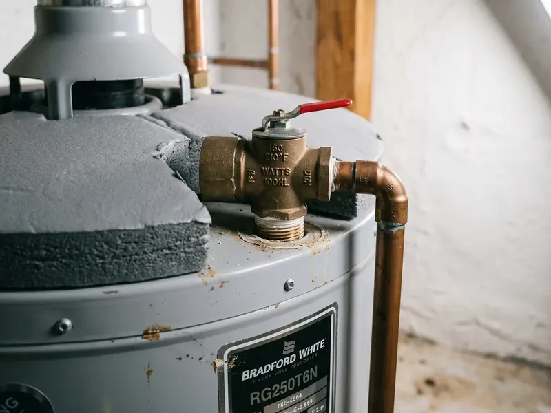 Technician replacing a TPR relief valve on a water heater in Muscoy, CA 92407