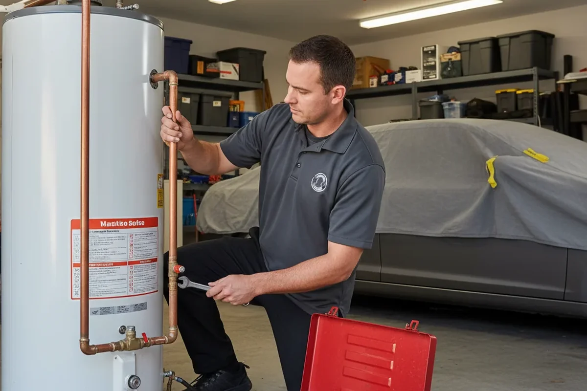 Water heater leak repair technician at work in Colton, CA